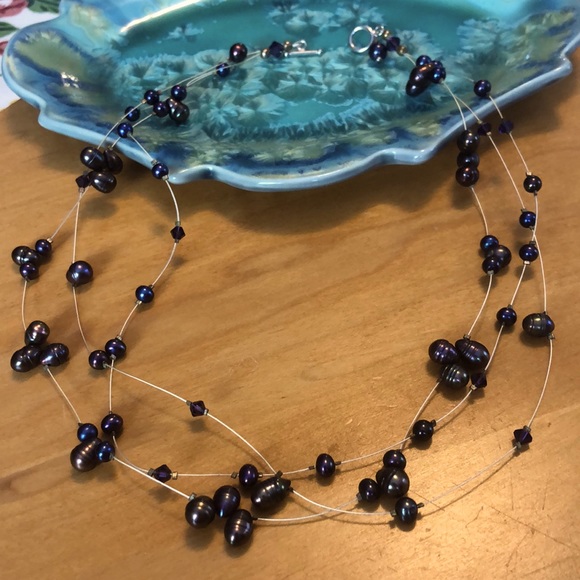 Sterling Silver Clasp And Purple, Blue and Bronzy Pearls and Crystal Necklace - Picture 3 of 13